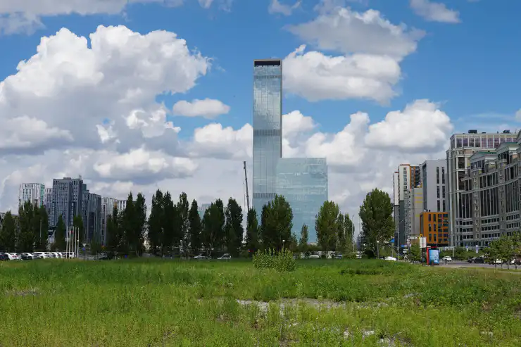 Деревья, трава, Линейный парк, Астана 