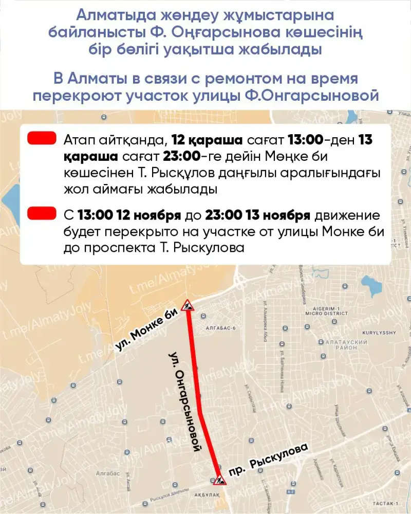 В Алматы перекроют участок улицы Ф.Онгарсыновой для проведения ремонтных работ Астане