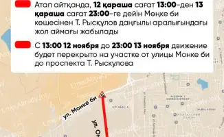 В Алматы перекроют участок улицы Ф.Онгарсыновой для проведения ремонтных работ