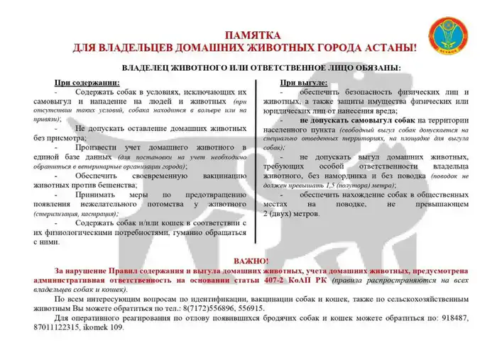 рейды по правилам выгулов собак в Астане для владельцев домашних животных Астане