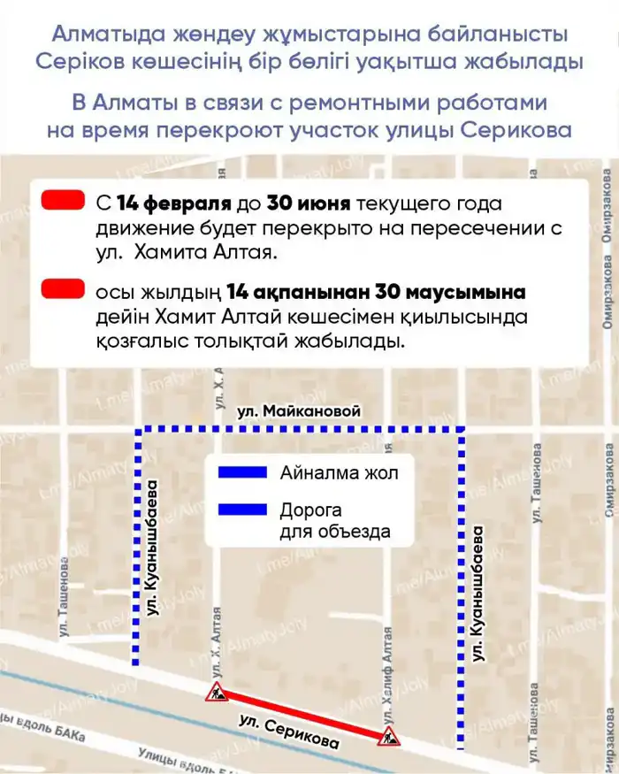В Алматы с 14 февраля по 30 июня перекроют участок улицы Серикова из-за ремонтных работ Астане