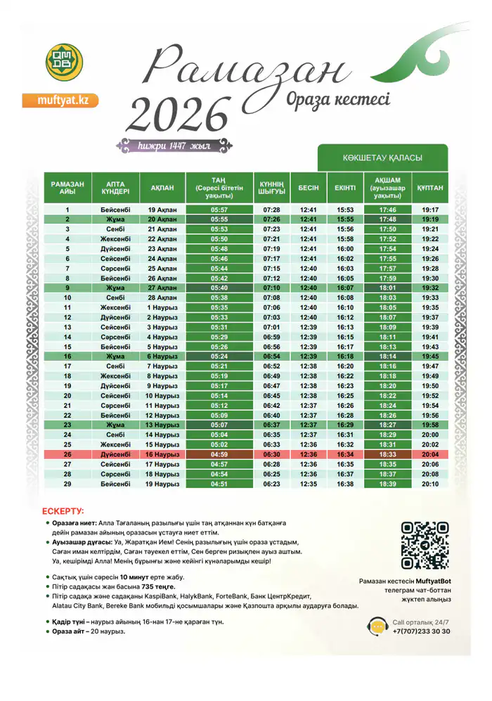 Ораза Кокшетау расписание