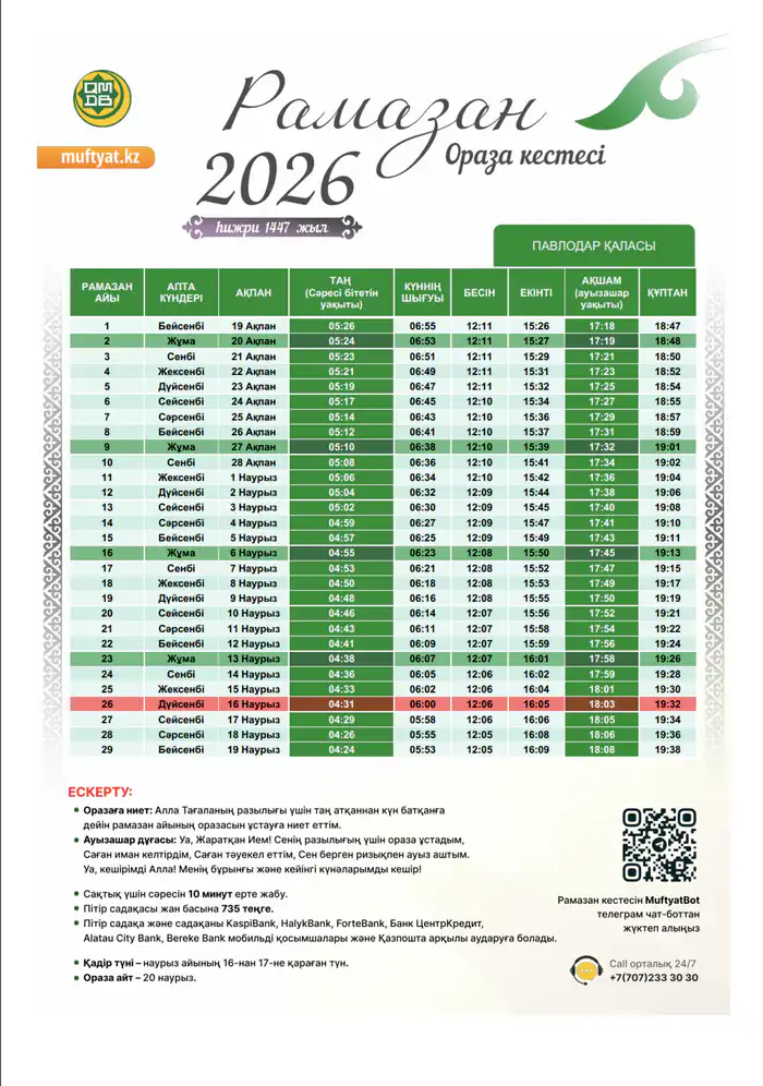 Ораза Павлодар расписание