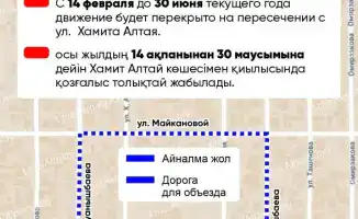 В Алматы с 14 февраля по 30 июня перекроют участок улицы Серикова из-за ремонтных работ