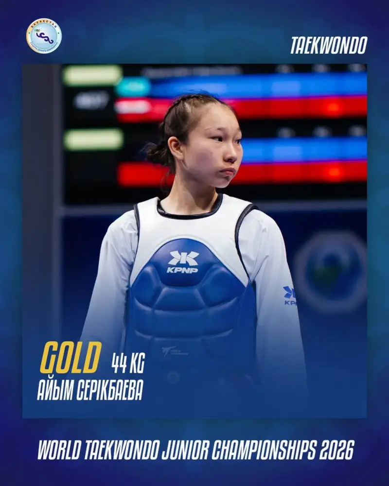 Айым Серикбаева завоевала золото на чемпионате мира по таеквондо среди юниорок, победив мексиканку Понсе Нуньес со счетом 2:0 Астане