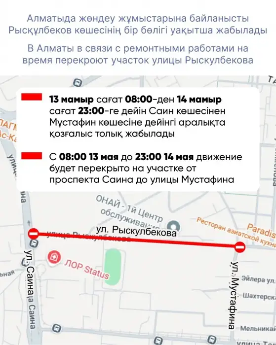 Алматы: улица Рыскулбекова временно закроет свои двери на время ремонта Астане