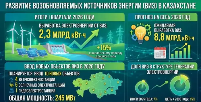 Казахстан увеличивает производство возобновляемой энергии на 15% в первом квартале 2026 года Астане