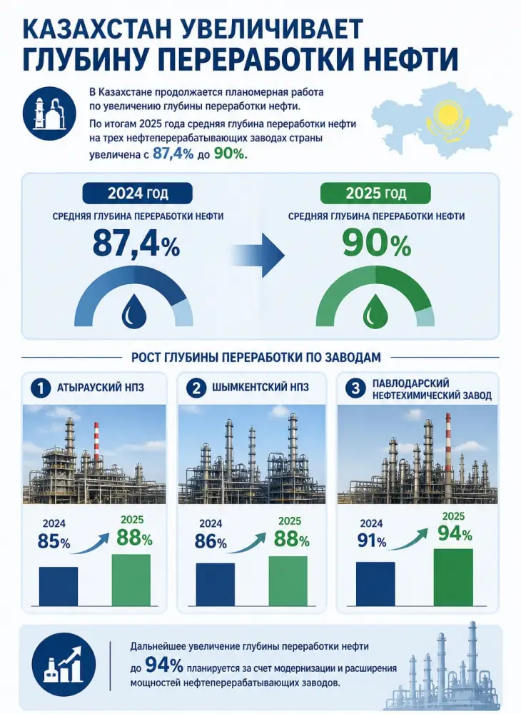 Казахстан на пути к 90% глубины переработки нефти к 2025 году Астане
