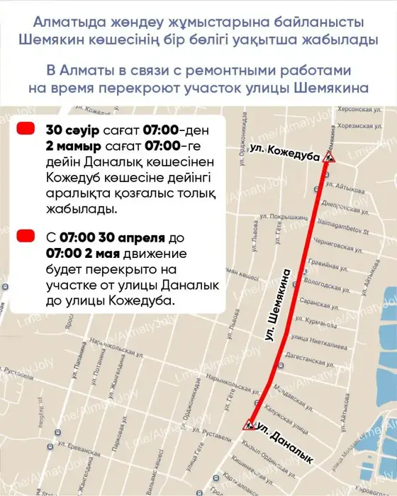 В Алматы улица Шемякина временно закроет двери для водителей в рамках ремонта Астане