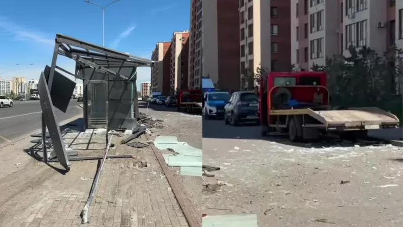 Эвакуатор врезался в остановку на улице Айтматова в Астане: кадры с места происшествия Астане